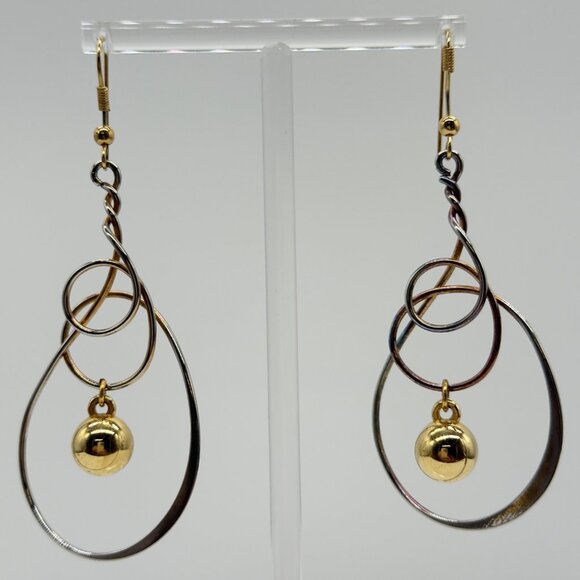 Gold Silver Tricolor Dangle Drop Statement Earrings Abstract Twisted Wire Hoop - Picture 3 of 13